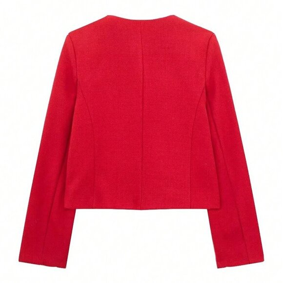 Red Elegant Women's Casual Tweed Jacket Decorated Long Sleeves Coat - Picture 5 of 8